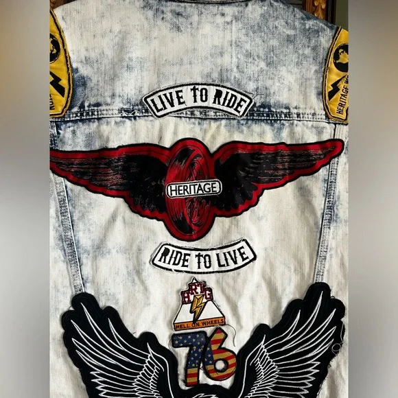 Heritage America 1776 250 years Bleached Denim Biker Moto Patch Vest XXL - Picture 7 of 7